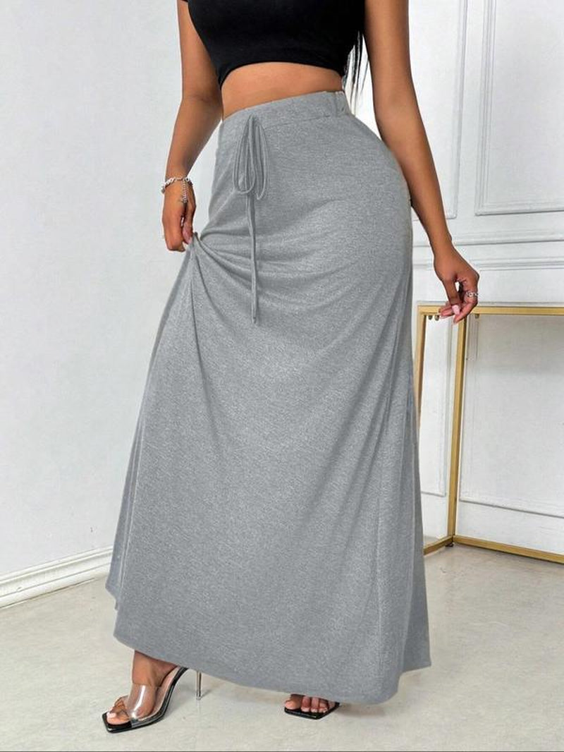 Plus Size Elegant A-Line Skirt with Drawstring Waist - Stylish Casual Long Skirt for All Seasons